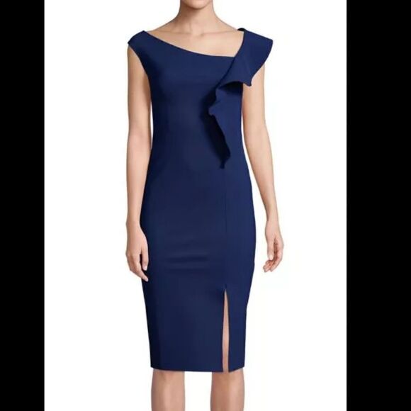 Chiara Boni Imani Asymmetric Ruffle Sheath Dress in Pavone - Picture 2 of 10